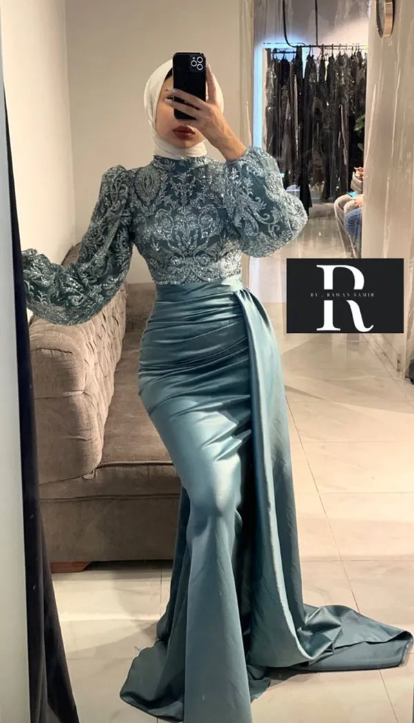 Teal Blue Mermaid Second Hand Prom Dresses With Lace Beading, Long Sleeves, And High Neckline