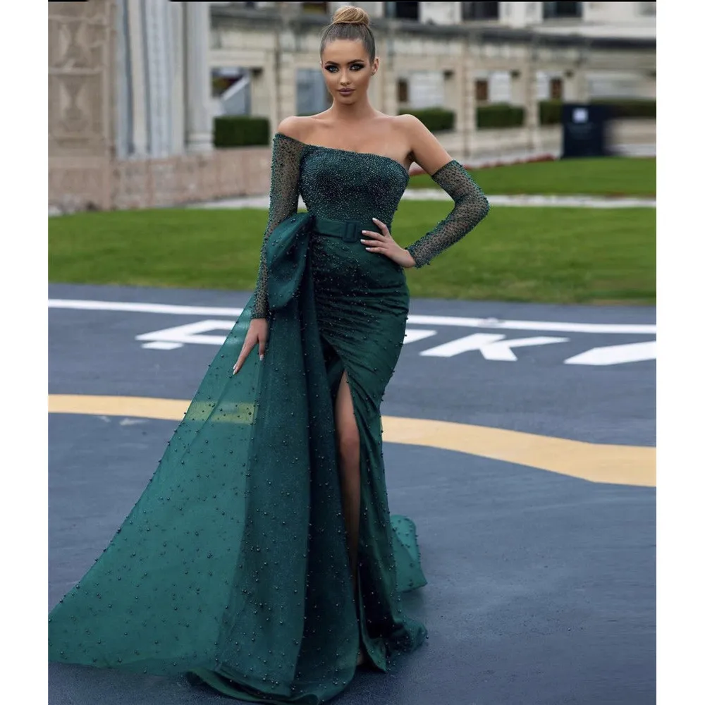 Prom Green Long Sleeves Strapless Bateau Appliques Shiny Sequins Evening Dresses Lace Pearls Side Slit Floor Length Party Gowns Plus Size Custom Made