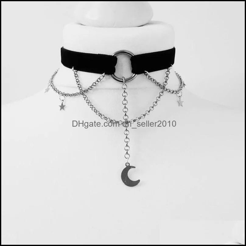 Goth Dainty Chain Crescent Moon and Stars Choker Witch Necklace Silver Colour Pendant Punk Jewelry Women Gift Fashion Gothic New 5576