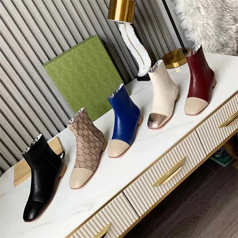 Botas de diseñador Zapatos de cuero de patchwork para mujer Botines de doble G Otoño Invierno Zapatos de marca Botines cómodos versátiles de moda con tamaño de caja 35-42