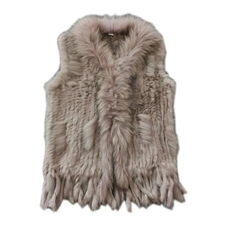 Women's Fur Faux Real ladies Genuine Knitted Rabbit Vest With Raccoon Trimming Waistcoat Winter Jacket harppihop fur 220919