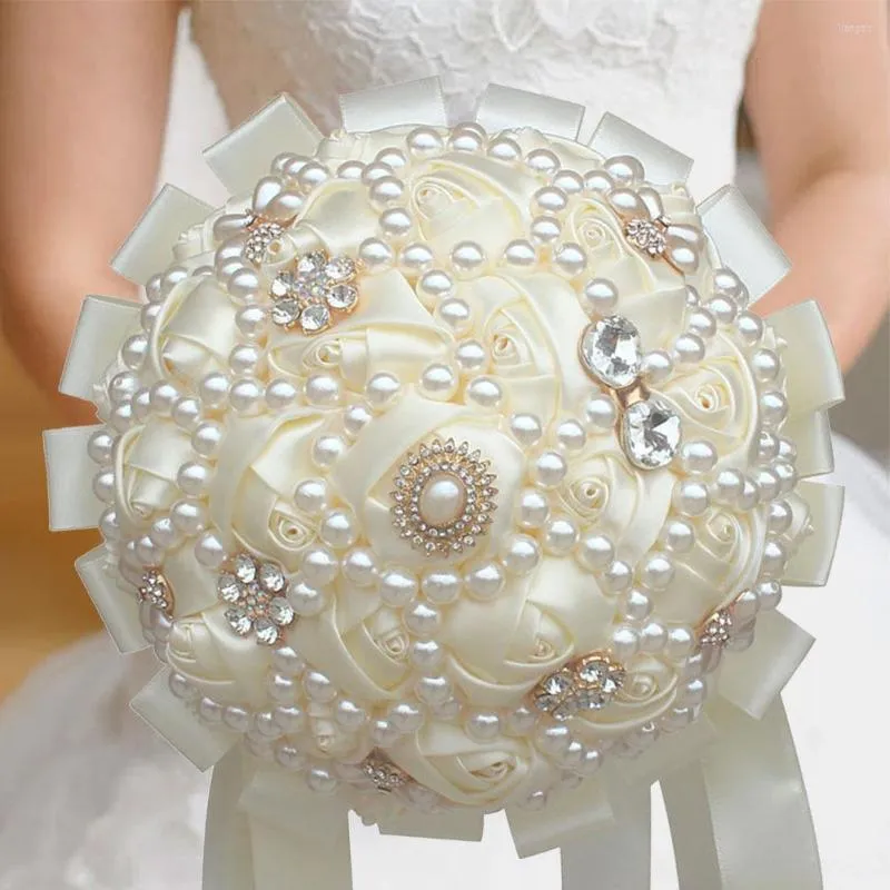 장식용 꽃 신부 신부 들러리 웨딩 액세서리 시뮬레이션 꽃다발 수제 흰색 장미 라인석 진주 리본 용품