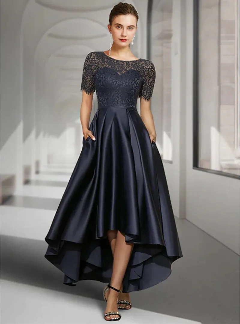 Elegant High Low Mother of the Bride Dresses Dark Navy A-Line Wedding Guest Dress Vintage Jewel Lace Satin Short Sleeve Groom Mom Prom Evening Gowns 2022