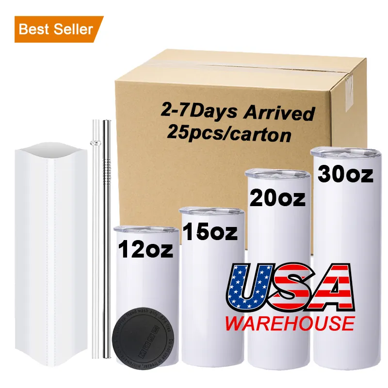 USA Stock Plastic Straw 20oz Straight SubliMation Tumblers 304 Rostfritt stål Blank Tall Cylinder Water Bottle Drinkware