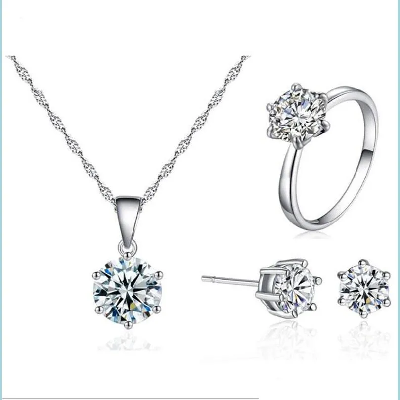 Br￶llopsmycken s￤tter Sier A Level Cubic Zirconi Wedding Jewelry Set 8mm Rhinestone Pendant Halsband Ringar och ￶rh￤ngen f￶r kvinnor med DHFVB