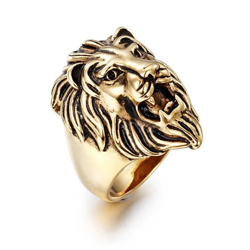 Anello di acciaio inossidabile nero inossidabile d'oro maschile maschile esagerato con la testa di leone esagerato anelli per motociclisti gotici vintage j290c
