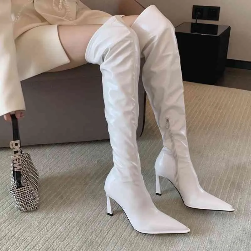 Bottes Automne 2022 Élastique Mince Sexy Spice Girl Pointu Long Noir En Cuir Verni Genou Bottes Femmes Versatile Mode 220920