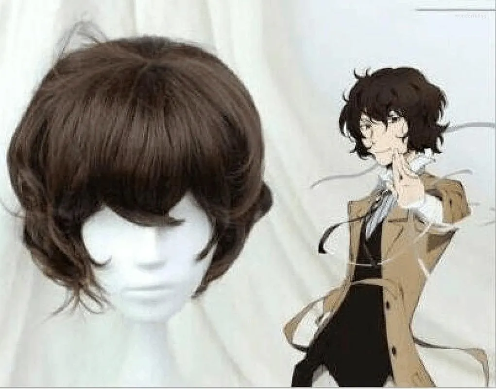 Party Masken Hohe Qualität Anime Bungo Stray Dogs Dazai Osamu Perücke Hitzebeständige Kurze Braune Lockige Synthetische Haar Cosplay Perücken Kappe