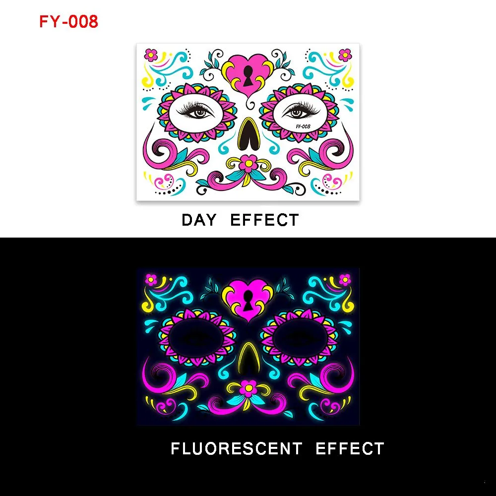 Fluorescent Halloween Face Tattoo Sticker Day of the Dead Funny Temporary Neon Face Sticker for Festival Masquerade Party Makeup