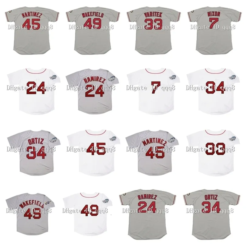 Gla2004 Maillot rétro Manny Ramirez David 34 Ortiz 7 Trot Nixon 45 Pedro Martinez 33 Jason Varitek 49 Tim Wakefield 33 Jason Varitek Gris Blanc