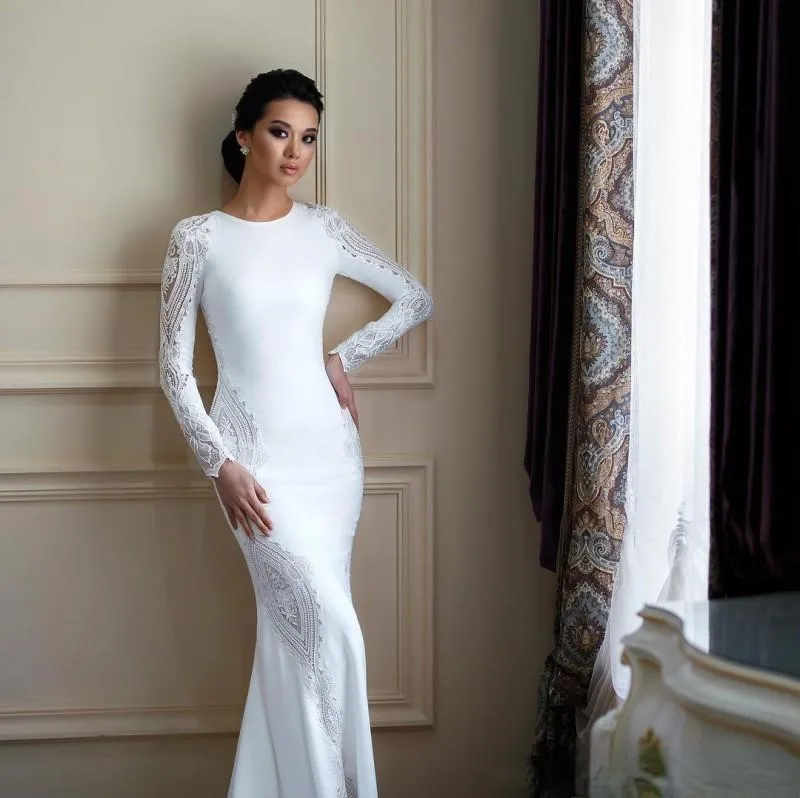 2023 Muslim elegant långärmad sjöjungfru bröllopsklänning med spets applicerad satin boho strand bröllopsklänningar paljetter Vestido de novia285t