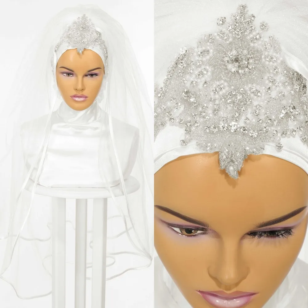 Mariage Musulman Voiles De Mariée 2023 Strass Cristaux Hijab De Mariée Couvrant La Tête Coude Longueur Turban Islamique Pour Les Mariées 2 Couches Foulard Ruban Bord Ivoire