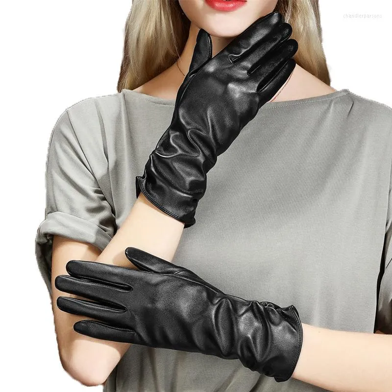 Cinq doigts gants gants en cuir réel de 28 cm couvertures de bras pour le modèle de conduite montrent une mitten tactile de téléphone en velours plus en velours pour femmes