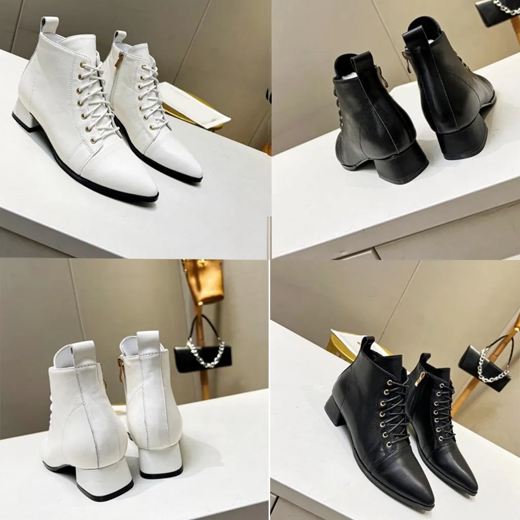 Designer dameslaarzen merk zwart lederen laarzen witte rits goud high-end veelzijdige schoenen winter niet-slip slijtage slijtage dikke hiel enkellaarzen