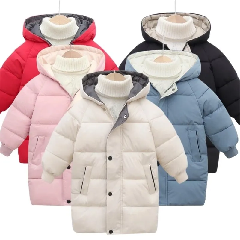 W dół płaszcz zima dzieci dzieci chłopcy kurtki moda gęsty długi płaszcz dziewczęta z kapturem snowsuit odzieży wierzchniej 2-8 lat ubrania dla dzieci 220919