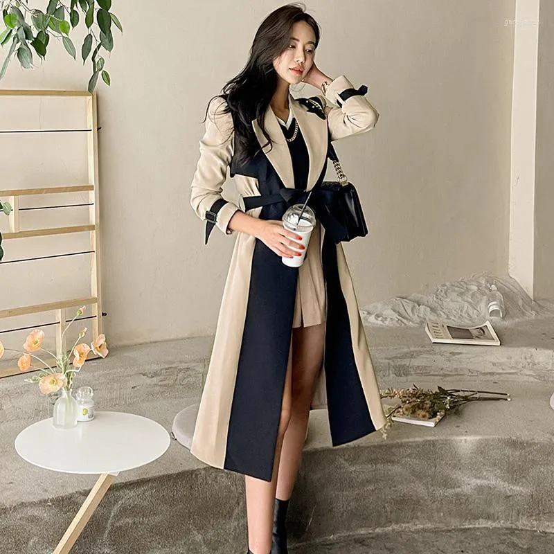 Women's Trench Coats Women's Vintage Casual Patchwork Hit Color Coat Female Autumn Lapel Collar Long Sleeve High Waist Lace Up