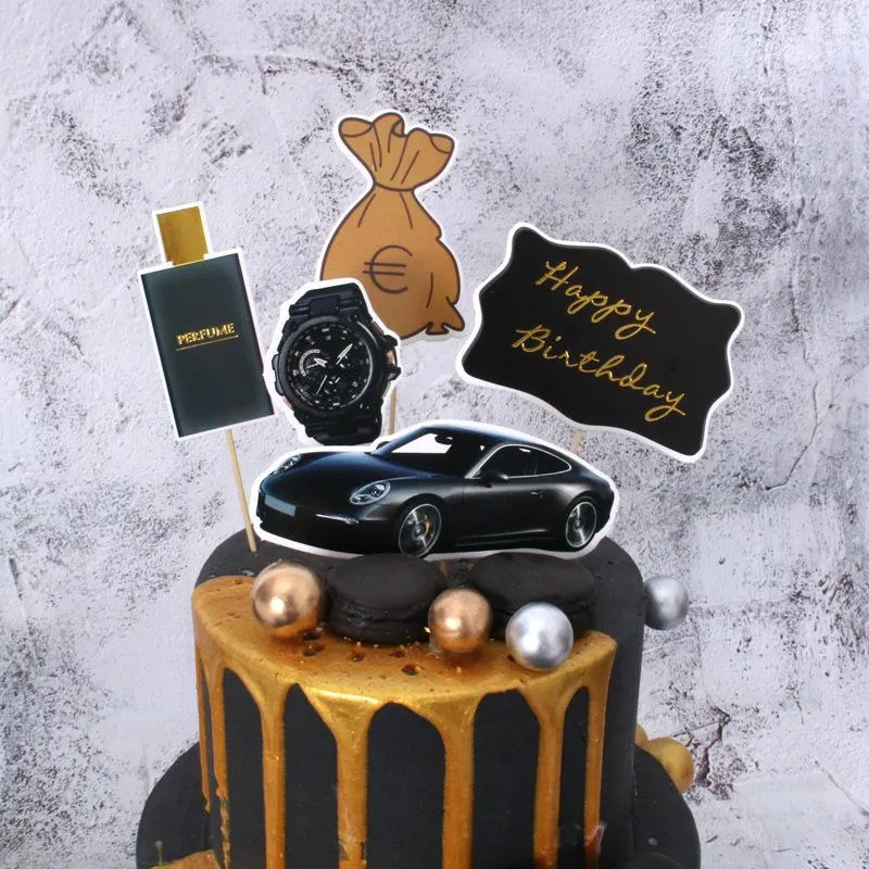 Forniture festive 2022 Auto di lusso Happy Birthday Cake Topper Money Dream Cupcake per decorazioni per feste