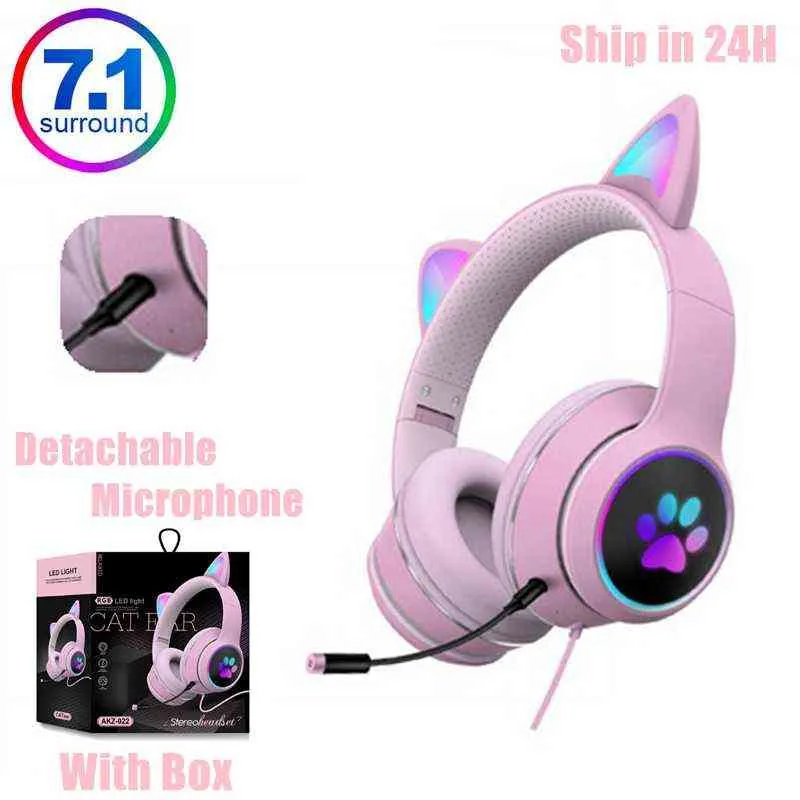 Cuffie Virtual 7.1 Cuffie da gioco cablate Cat Ear con riduzione del rumore collegabile doppio microfono Illuminazione RGB Cuffie da gioco per ragazze carine T220916