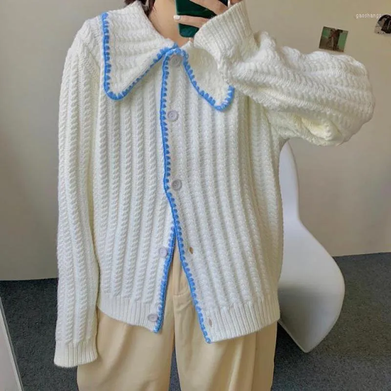 Women's Knits Women's & Tees White And Blue Striped Cute Loose Casual Knit Sweater Women Square Collar Single Breasted Cardigan Autumn