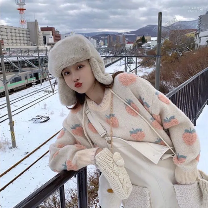 Suéteres de Mujer suéter de gran tamaño Harajuku Casual cuello redondo suéter suelto ante Mujer invierno tejido fresa