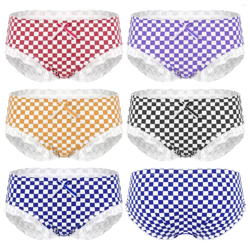 Underpants #M-XL Mann Sissy Unterw￤sche Plaid-Druckhosen Elastischer Bund Bordknoten R￼schen Trim Slips Crossdress Costum Dessous Naidwear