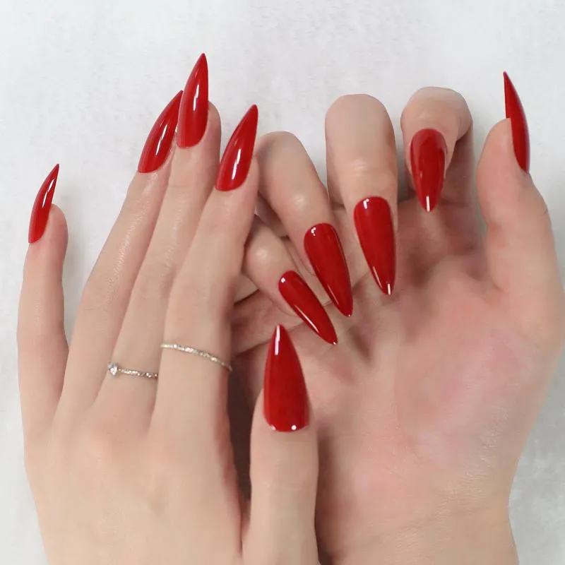 Faux Ongles Stiletto Miroir Rouge Lumière Gossy Couleur Ongles Sharp Faux Art Taille Moyenne En Gros Manucure Couverture Complète Avec Onglets