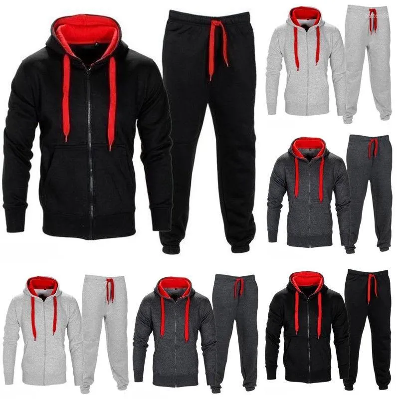 Men's Tracksuits Casual Mens Tracksuit Set 2022 Autumn Winter Contrast Color Jogging Sport Sweatsuit Hoodie Coat Top Trousers Pant Bottom