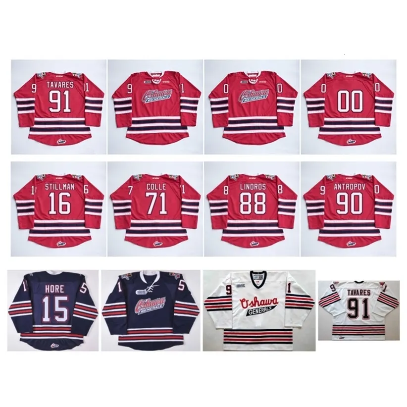 Gla OHL Oshawa Generals Jersey 91 John Tavares 2 Bobby Orr 15 Matt Hore 88 Eric Lindros 4 Michael Del Zotto Maillots de hockey rouge bleu blanc