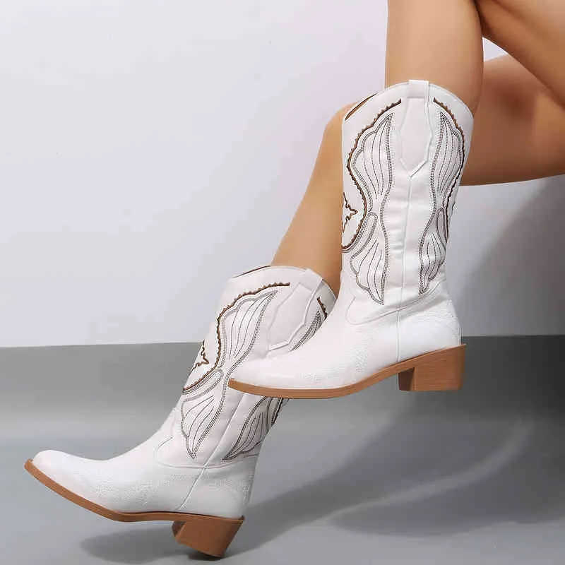 부츠 New Knight Women 's Round Head Thick Heel 자수 대형 신발 220920