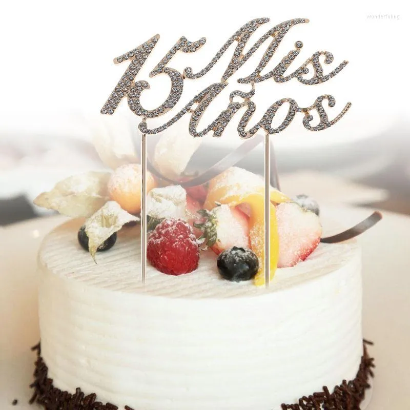 Fournitures de fête étincelant numéro 15 Mis Anos lettres gâteau Topper strass alliage Cupcake pics décoration de fête d'anniversaire