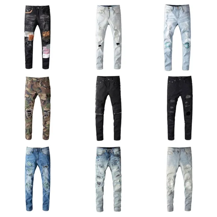 Jeans Amri da uomo Pantaloni da motociclista con ricamo strappato lavato per uomo Jeans Amr dritti slim slim alla moda taglia 28-40Amri