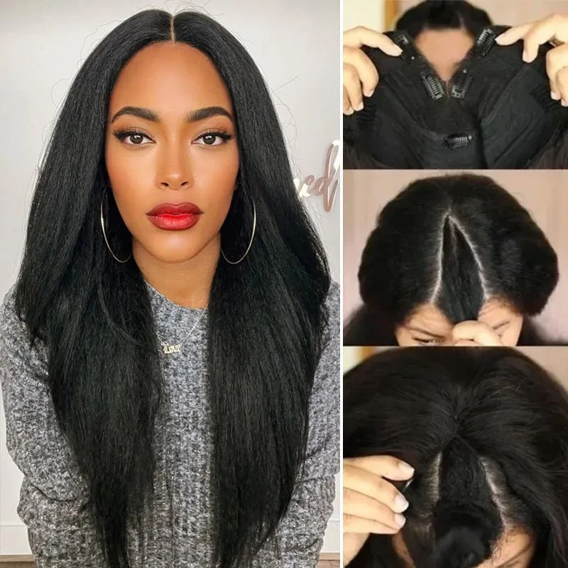 Kinky reto yaki v parte peruca cabelos humanos sem deixar de fora o n￺mero natural 3C 4A Afro Textura HD Wig para mulheres negras 150%de densidade Divawigs