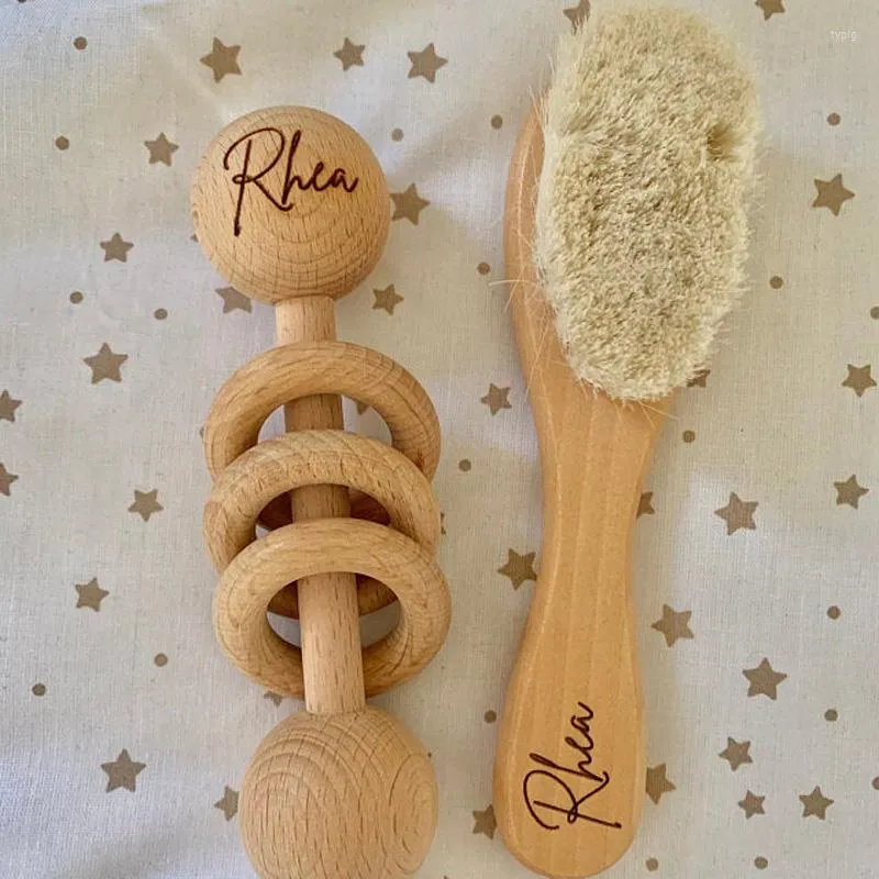 Party Favor Brosse à bébé en bois Hochet Set Souvenir Douche Born Gift