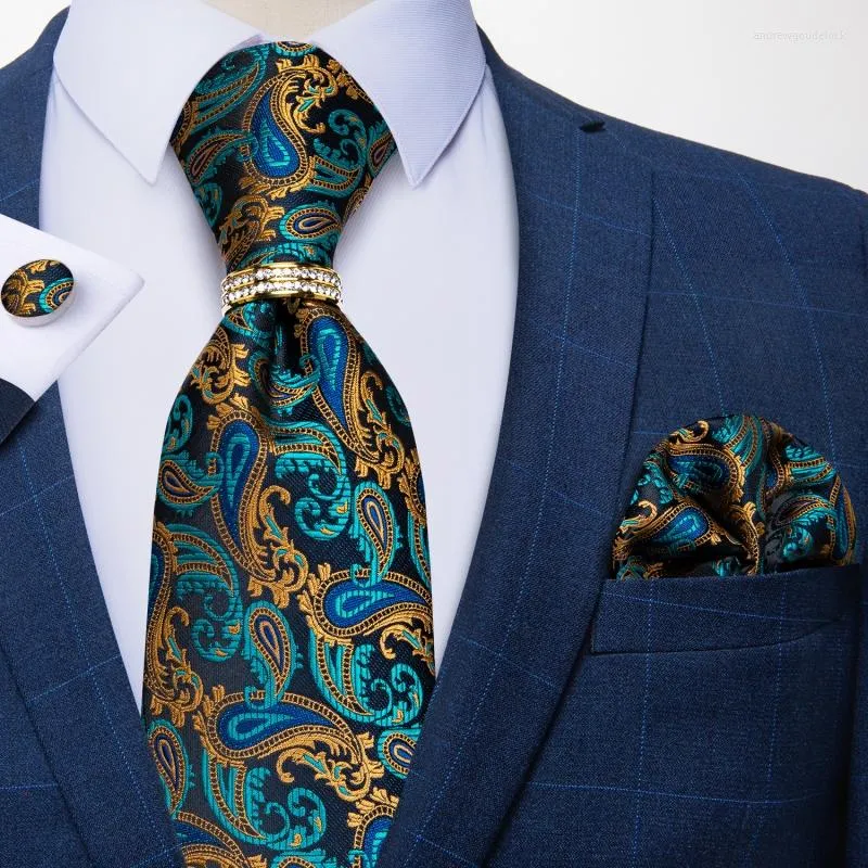 Bow Ties Fashion Teal Green Gold Paisley Men's Silk Jucquard Business Wedding Neck Tie Pocket Square Gift Cravat Ring DiBanGu