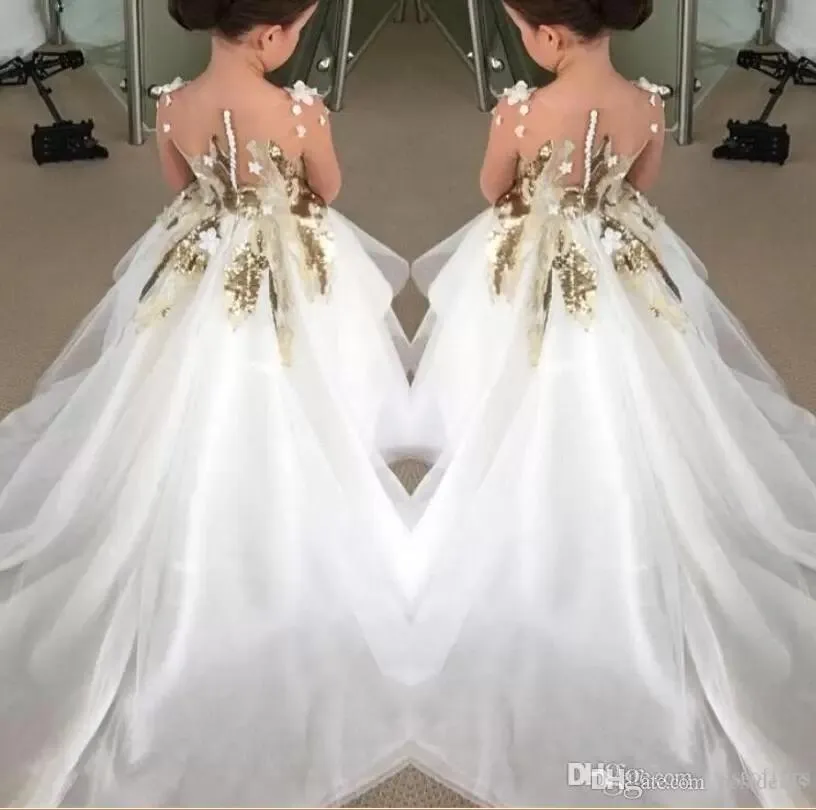 Yeni Tasarım Çiçek Kız Elbiseleri 2023 Düğünler İçin Uzun Kollu Altın Pullar Pageant Partisi Önlük Çocuklar İçin İlk Komünyon Elbise BA3079 GB0920