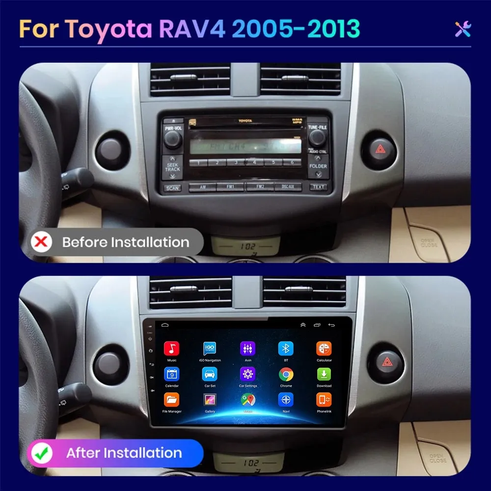 Bilvideo multimedia-spelare pekskärm auto-gps-navigator för Toyota RAV4 2007-2011 WiFi Bluetooth MirrorLink 1080p