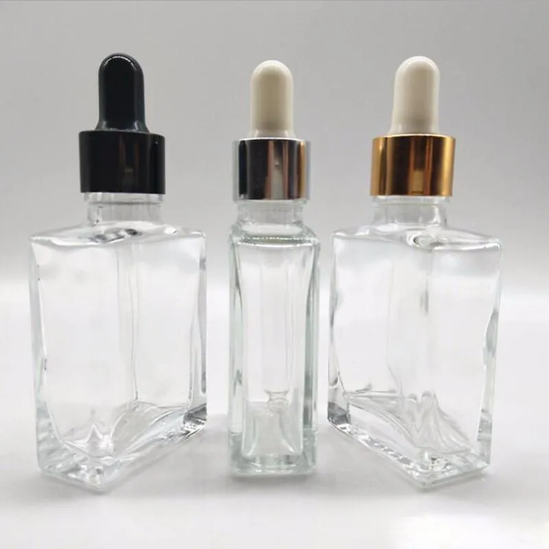 Flacon compte-gouttes en verre carré 30 ML clair et givré E bouteilles de Pipette liquide pour les parfums d'huiles essentielles d'aromathérapie des yeux