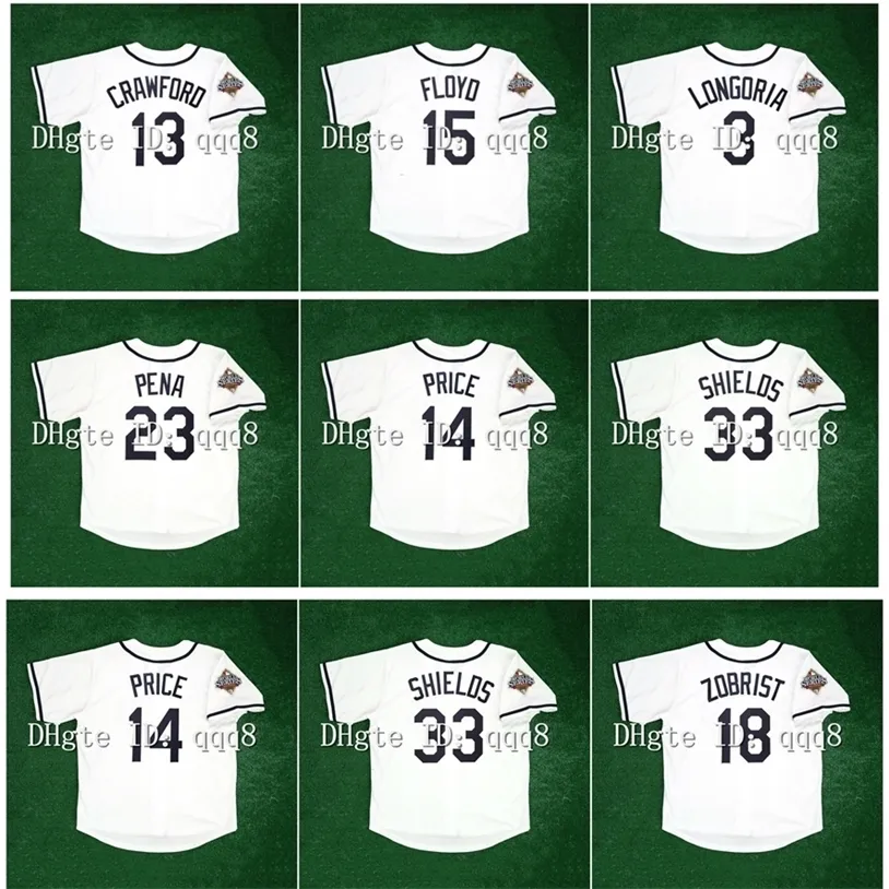 GLA2008 Retro Evan Longoria Jersey 13 Карл Кроуфорд 15 Клифф Флойд 23 Карлос Пена 14 Дэвид Прайс 33 Джеймс Шилдс 18 Бен Зобрист Белый Винтаж