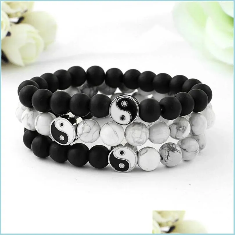 Fili di perline Yin Yang Braccialetti di perline Fili per uomo Bracciale coppia fortunata Donna Nero Onice bianco Perline di pietra Bracciale Psera Gioiello Dhvwo