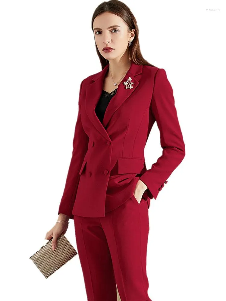 Women s Burgundy Cotton Blazer Pants Suit Formal Wedding Office Uniform Chinese Style Ankle Length Polyester Cotton