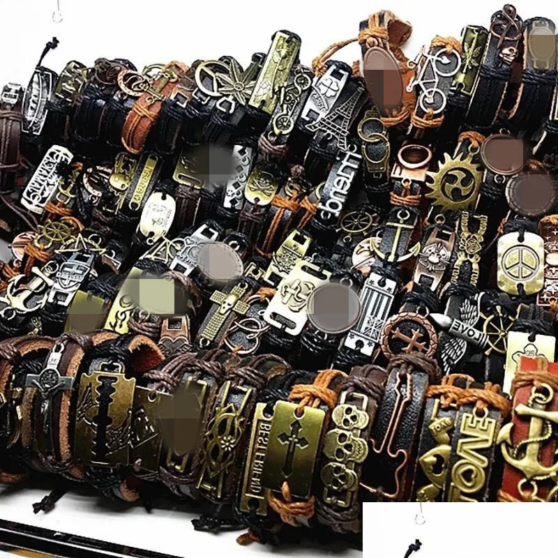 Charm Bracelets Band New Vintage Leather Mens Womens Surfer Bracelet Cuff Wristband 50Pcs Lots Mixed Style Retro Jewelry Charm Drop D Dhkiw