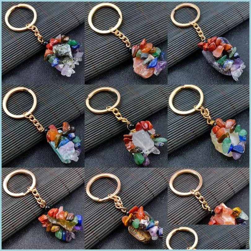 Key Rings Folk Crafts Gemstone Natural Stone Key Ring Quartz Amethyst Tiger Eye Crystal Keychain Agate Ore Meditation Pendant Hangbag Dhghw