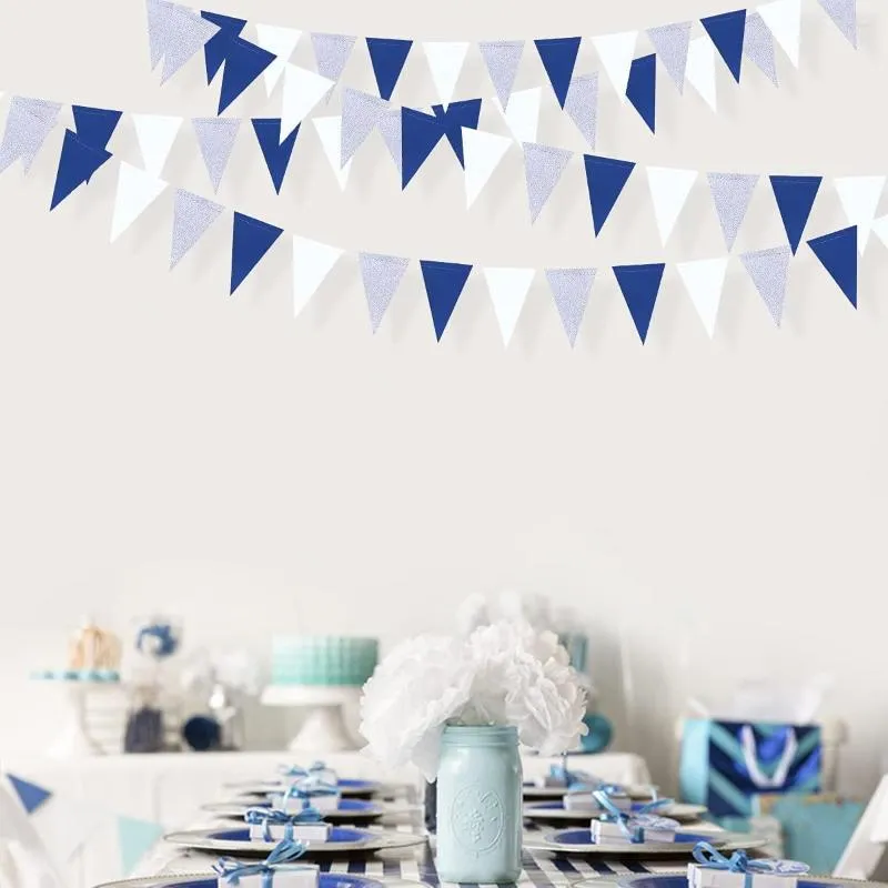 Party Decoratie 10ft Navy Blue White Royal Year Paper Triangle Flag Banners Boy Birthday Baby Shower Bruiloft Decoraties