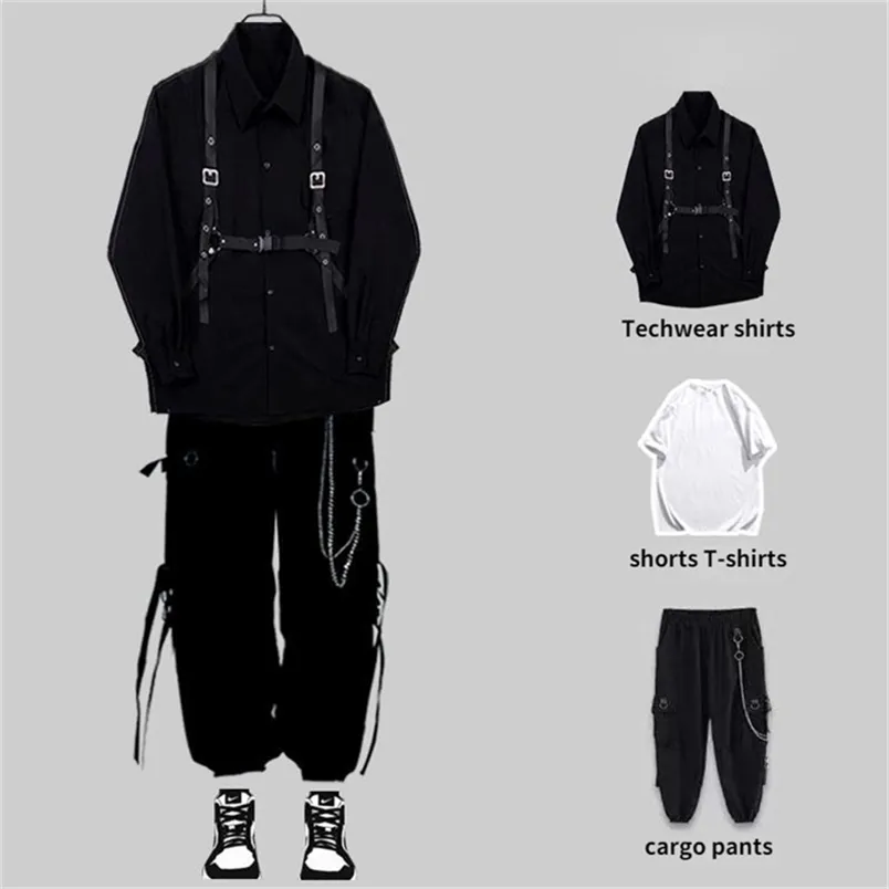 Herrspår Houzhou Techwear Set Punk Black Cargo Pants Shirt Kit Long Sleeve Shirts Korean Streetwear Hip Hop Harajuku Spring 220919