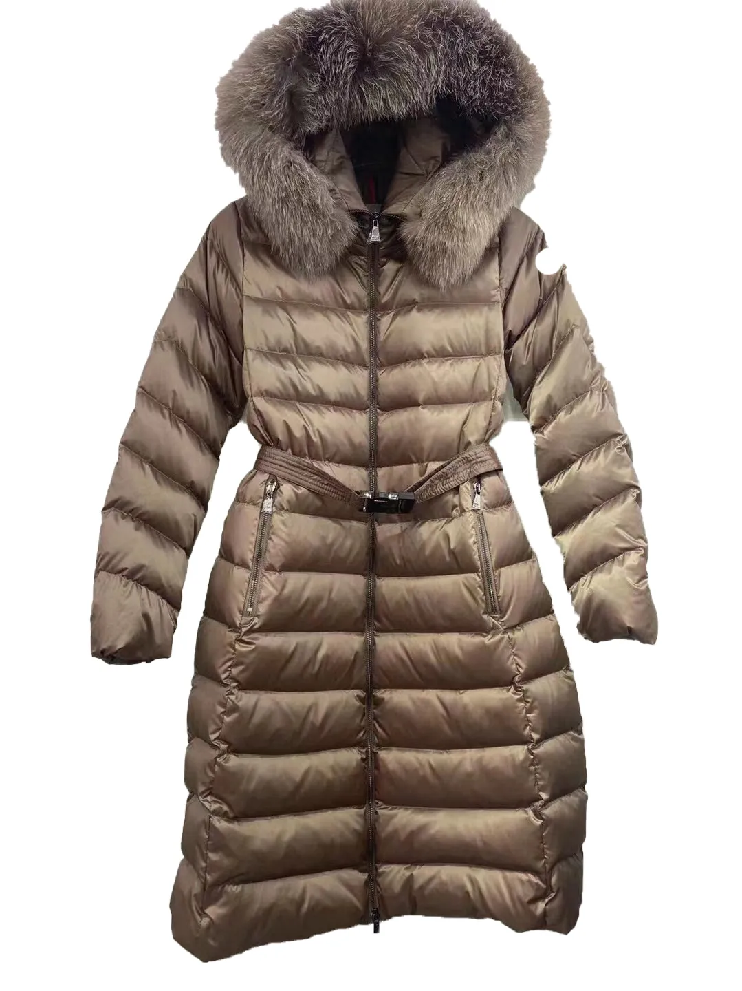 Designerska damska kurtka puchowa haftowana naszywka płaszcz zimowy w pasie ciepły futrzany kołnierz długie damskie zimowe płaszcze