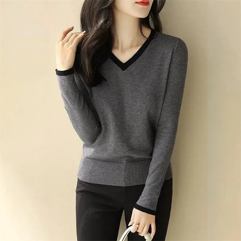 Kvinnors tr￶jor Vintage Vneck Thin Sweater Women Korean Patchwork Knittade toppar Elegant Ol Base Knitwear Elastic Big Size Loose Knit Pullover 220920