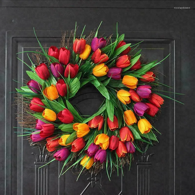 Decorative Flowers Artificial Flower Tulipan Wreath Spring Decor Door Wall Hanging Garland Wedding Easter Party Decoration Front Home