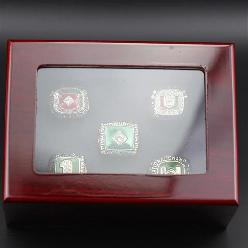 5 PCs 1983 1987 1989 1991 2001 Miami Hurricanes National Championship Ring Set With Wooden Display Box Steme Fan Presente 2021 Drop 263V