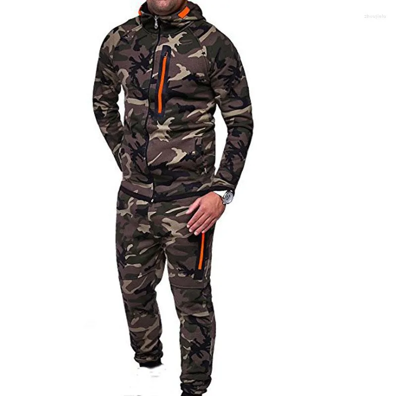 Tute da uomo Abiti da uomo Felpe con cappuccio e pantaloni Completi da uomo giovane Moda Camouflage Cappotto con cappuccio Pantaloni sportivi Felpe casual Pantaloni