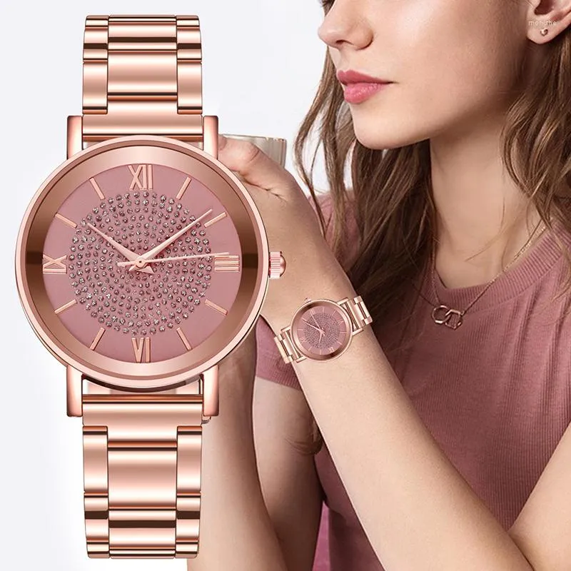 腕時計女性時計2022豪華な星空ダイヤモンドローズゴールドレディースクォーツステンレススチールリストウォッチファッションブレスレットウォッチ